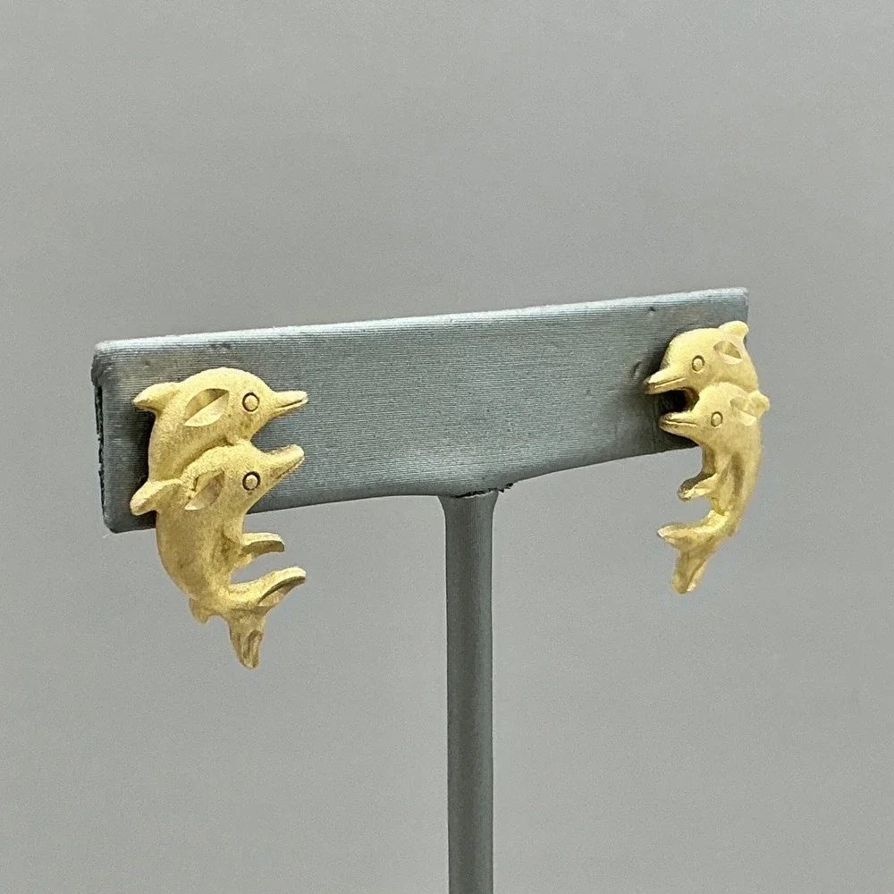 Earrings Women Gold Tone Double Dolphin Nautical Animal Pierced Studs 1 Inch